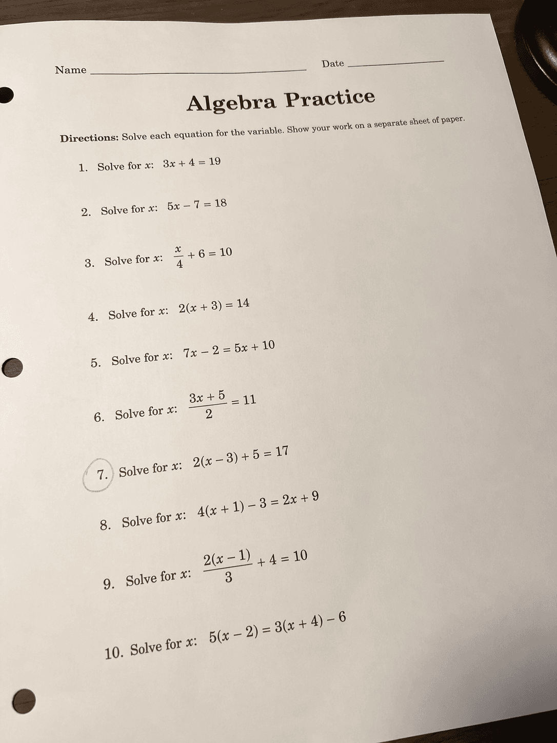 Algebra Practice worksheet